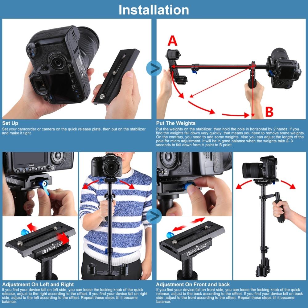 Puluz Handhållen kolfiber stabilisator för DSLR/DV-kameror (38.5-61cm)