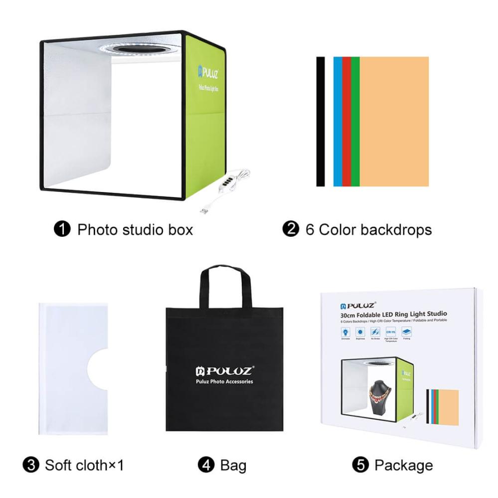 Puluz Ljustältbox med lysdiodsslinga 97CRI 30x30x30cm 6st bakgrunder
