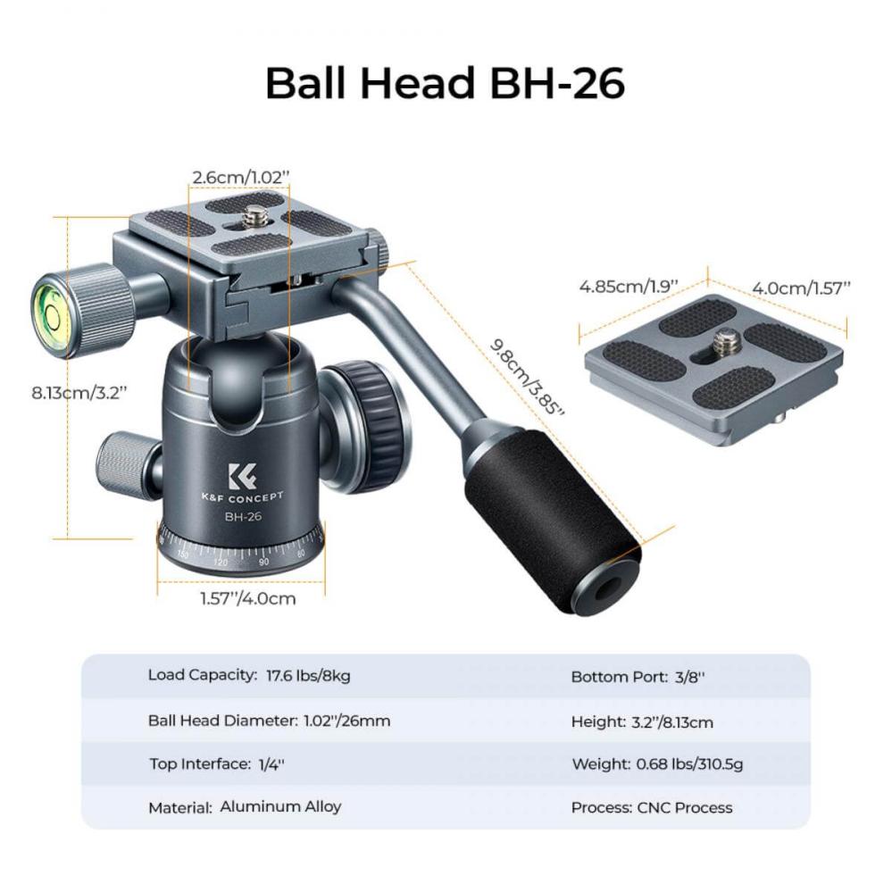 K&F Concept BH-26 Kulled med panoramaindexering med spak