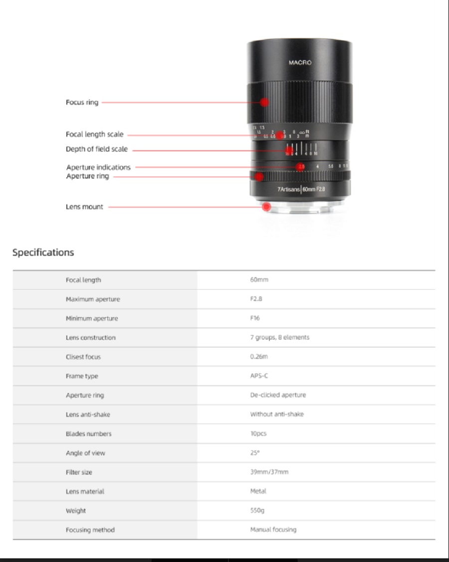  7Artisans 60mm f/2.8 Makroobjektiv APS-C fr Sony E