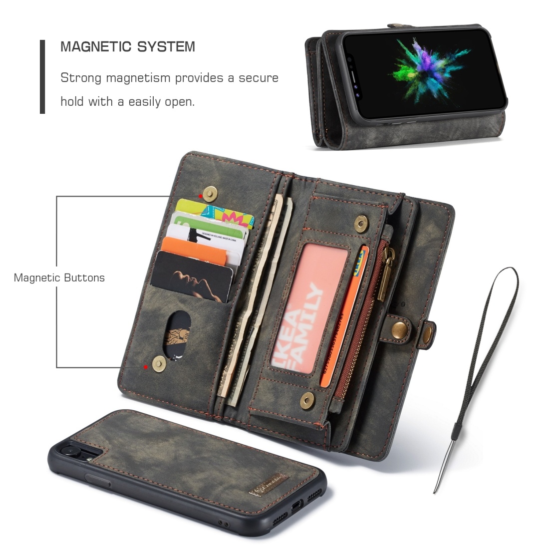CaseMe för iPhone XR- Plånboksfodral med magnetskal