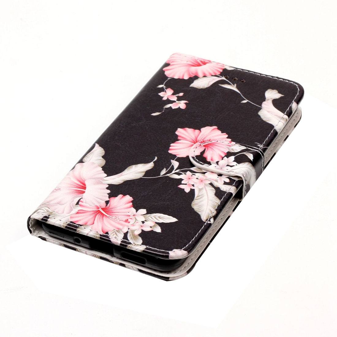 Plånboksfodral för Huawei P10 Lite- Svart med rosa blommor