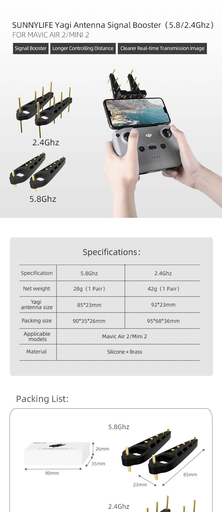  Sunnylife Signalfrstrkare 2.4 GHz fr DJI Mavic 3/Air 2S/Mavic Air 2/Mini 2.