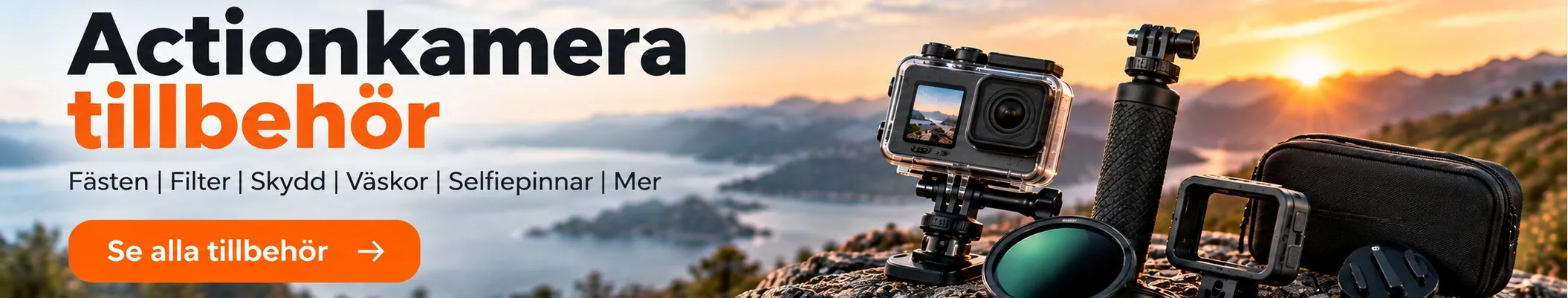Actionkameratillbeh&ouml;r &ndash; f&auml;sten, filter, skydd, v&auml;skor och selfiepinnar