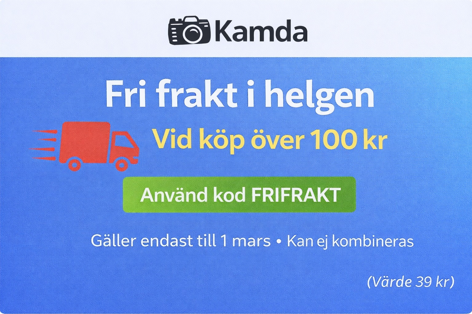 Fri frakt i helgen &ndash; vid k&ouml;p &ouml;ver 100 kr (kod: FRIFRAKT). G&auml;ller till 1 mars.