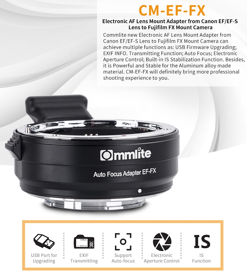 Commlite Objektivadapter elektronisk till Canon EF för Fujifilm X Kamerahus