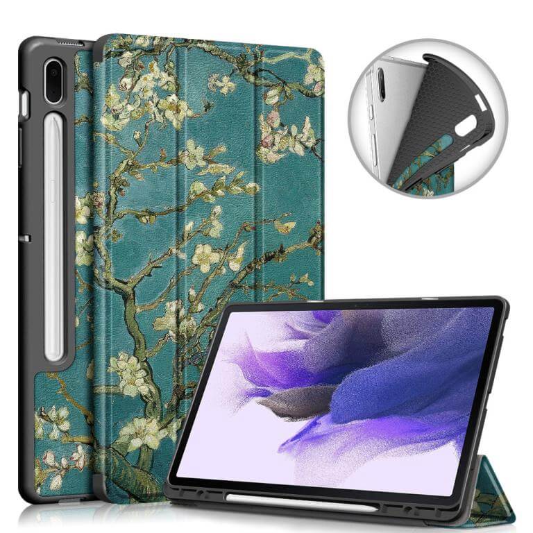 Fodral med Prunus-mönster till Galaxy Tab S7 FE med 3-delat ställ