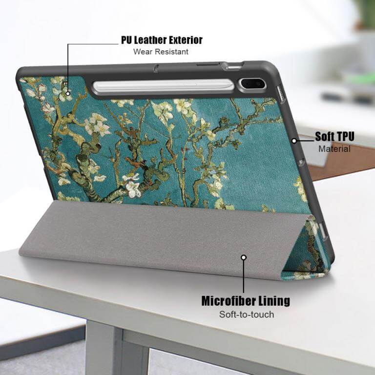 Fodral med Prunus-mönster till Galaxy Tab S7 FE med 3-delat ställ