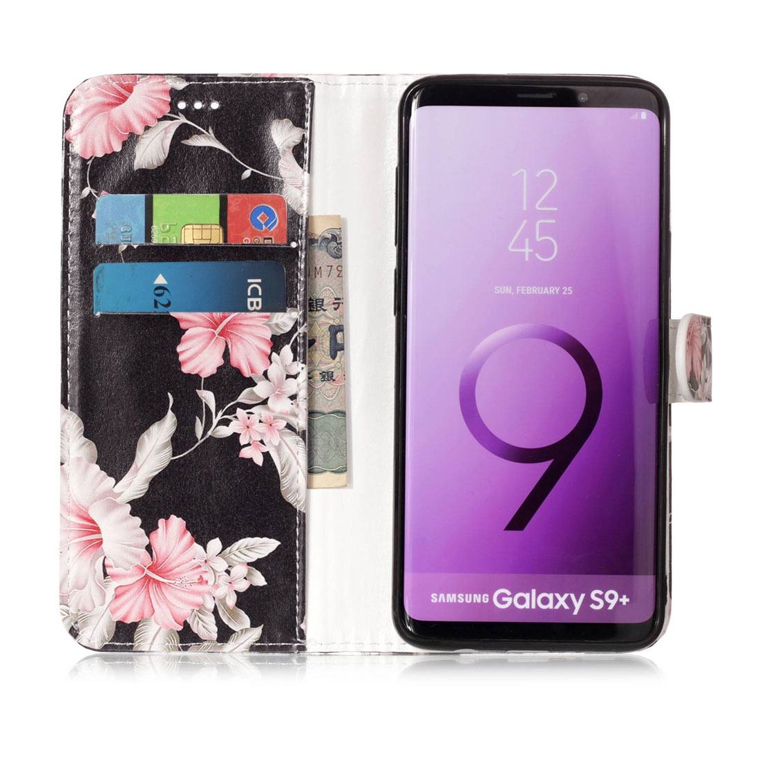 Plånboksfodral för Galaxy S9 Plus - Svart med rosa blommor
