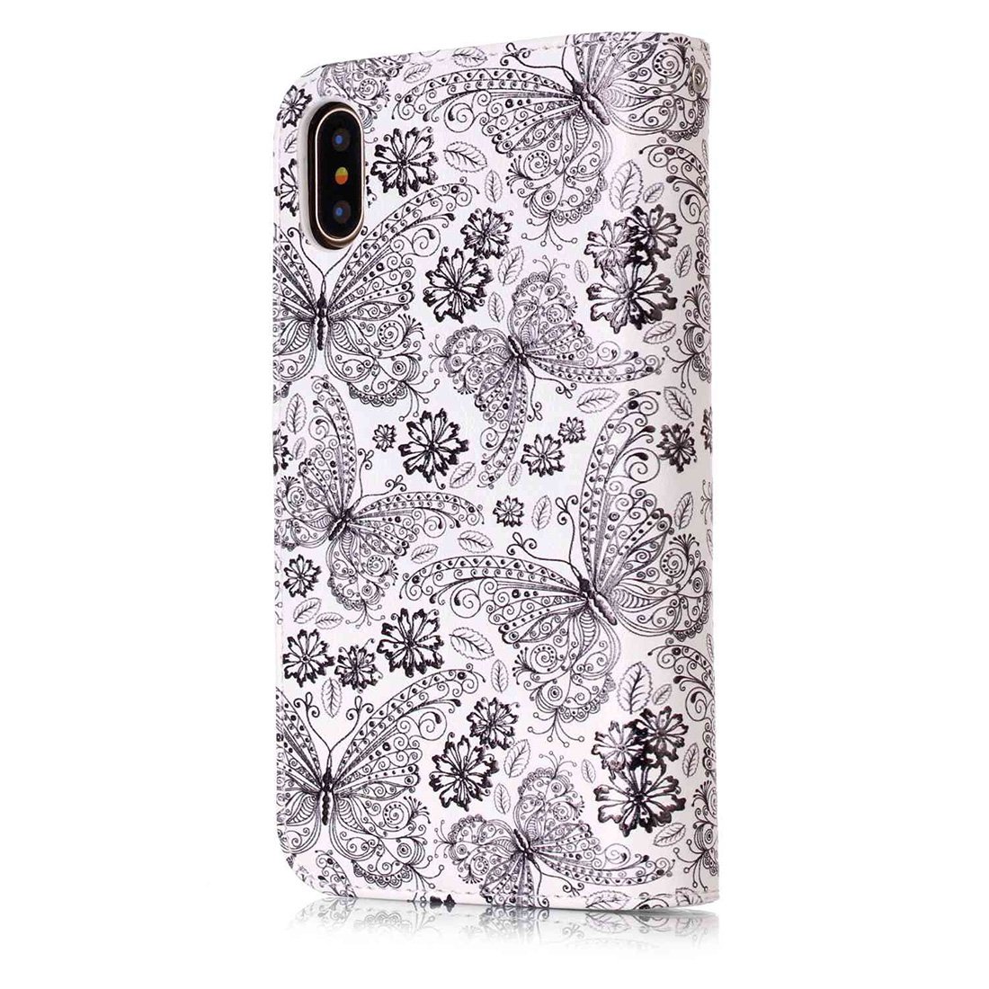 Plånboksfodral för iPhone X/XS - Vit med fjärilar och blommor