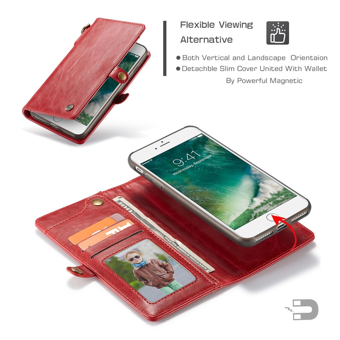 CaseMe för iPhone 7 Plus/ 8 Plus - Plånboksfodral med skal PU-läder