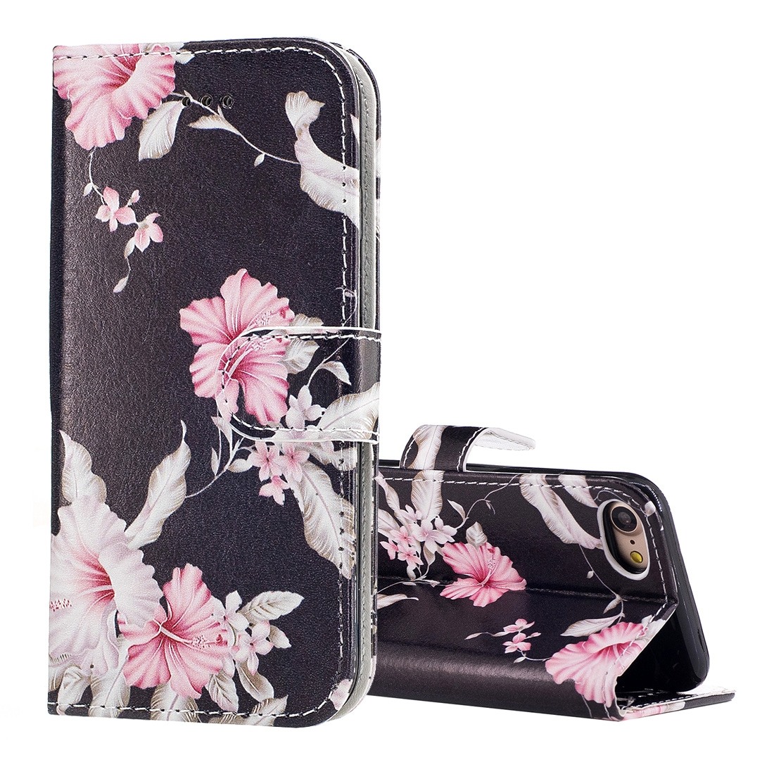 Plånboksfodral för iPhone 7/8 - Svart med rosa blommor