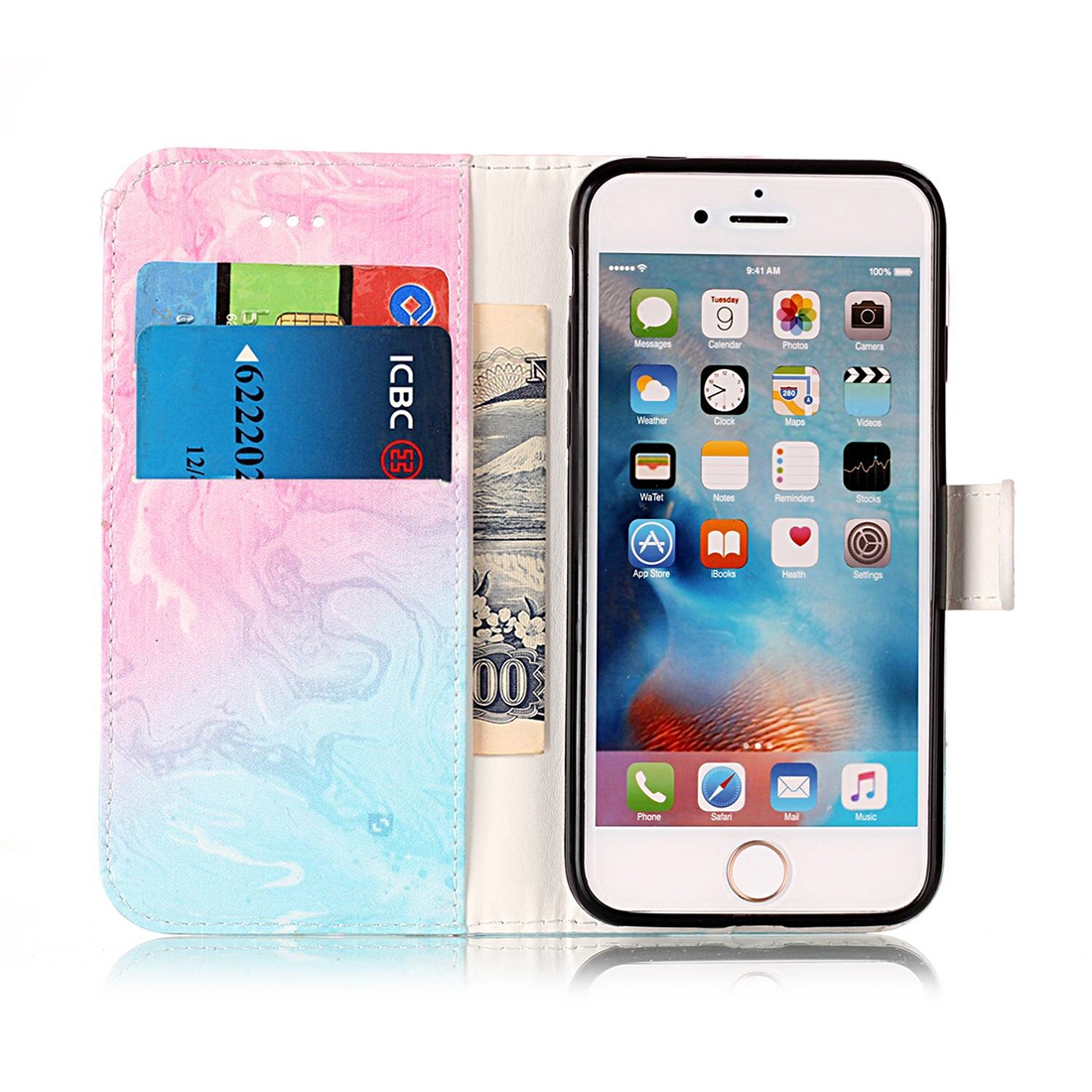 Plånboksfodral för iPhone 7 & 8 - Marmormönster rosa & blå