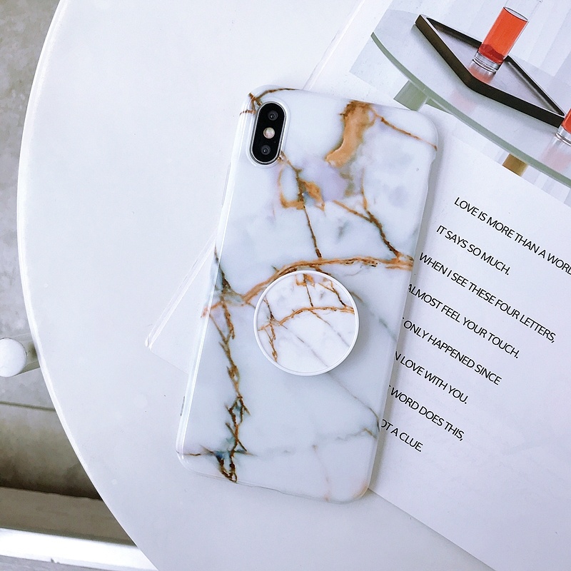 Mjukskal med grepp för Iphone XR - Marmormönster Vit / koppar