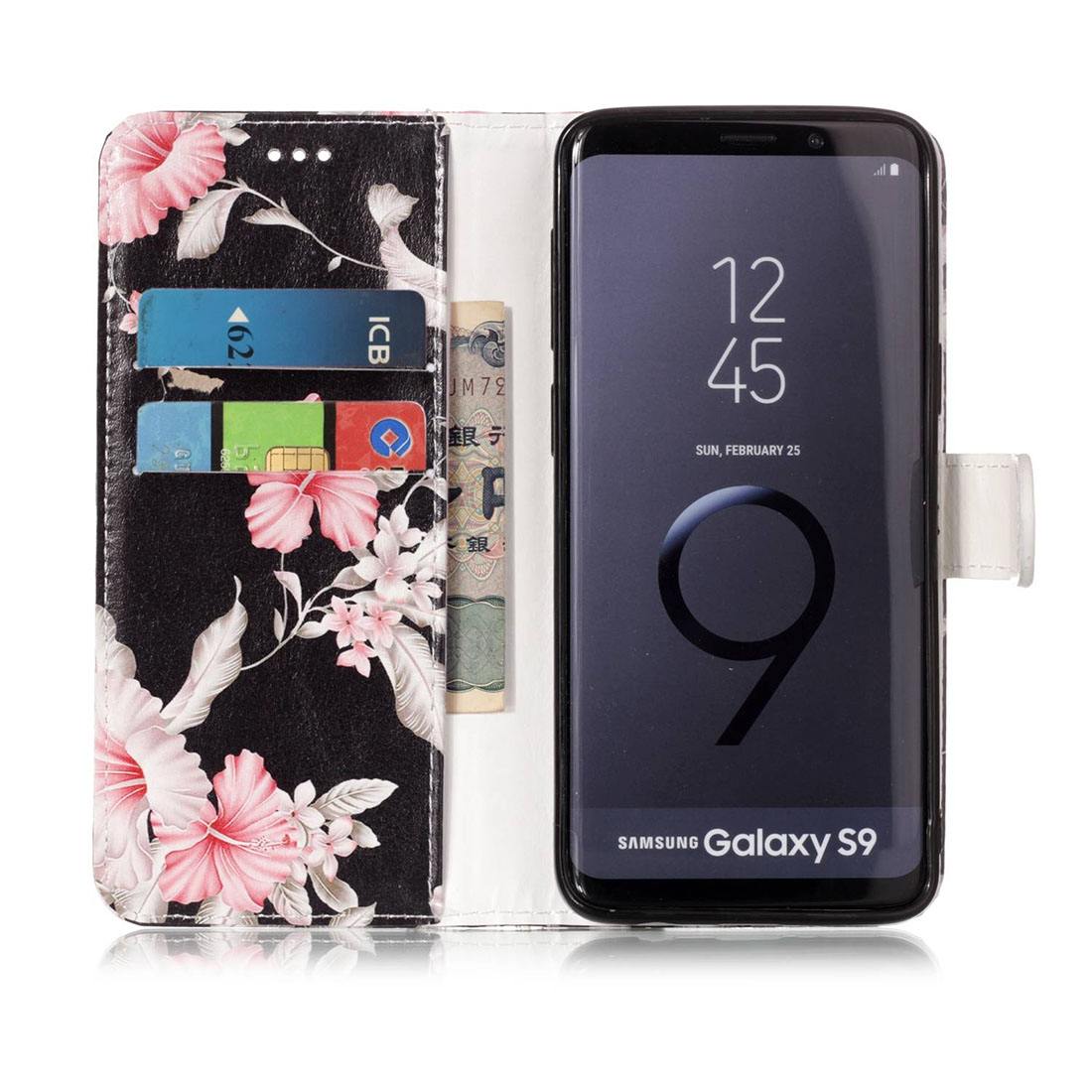 Plånboksfodral för Galaxy S9 - Svart med rosa blommor