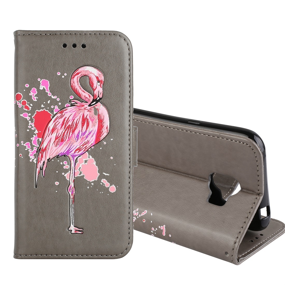 Plånboksfodral för Galaxy J2 Pro (2018) - Grå med rosa flamingo
