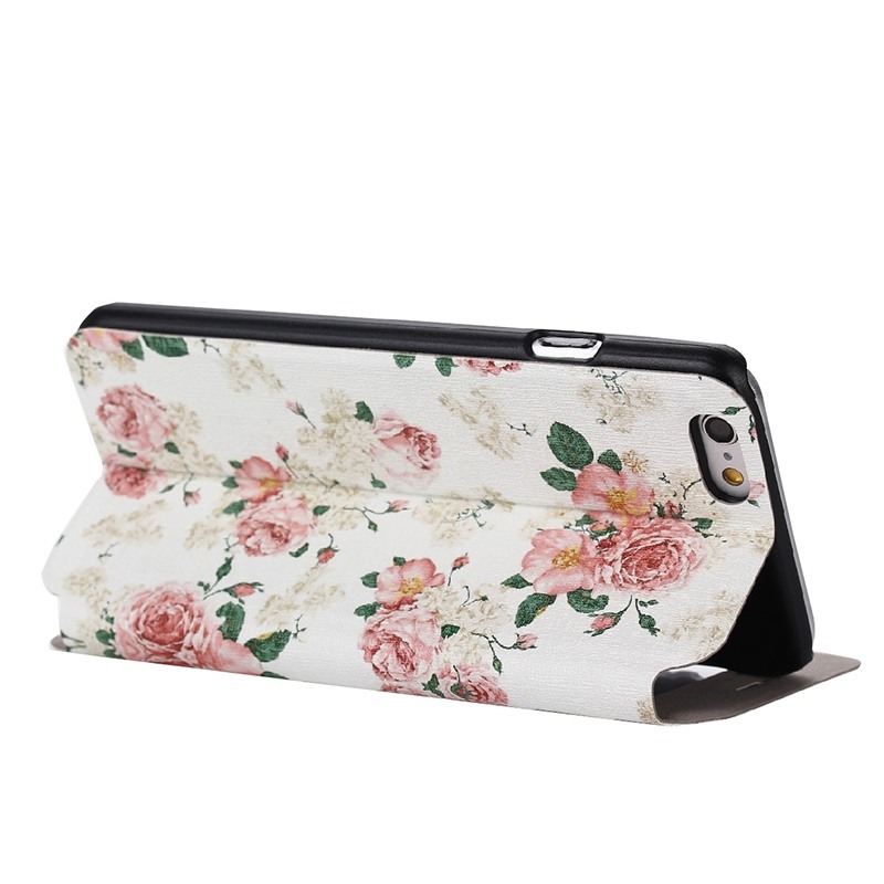  Fodral iPhone 6/6S Vit med rosa blommor & grna blad - Klockfunktion