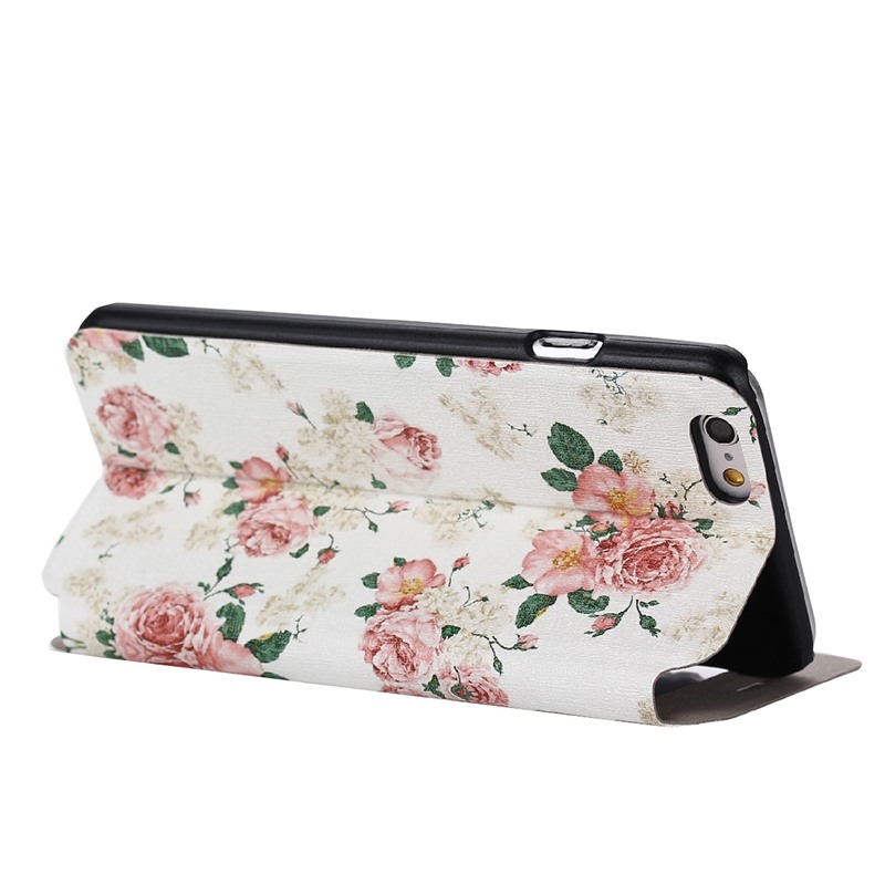 Fodral iPhone 6/6S Vit med rosa blommor & gröna blad - Klockfunktion