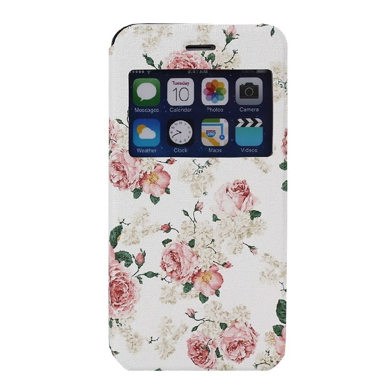 Fodral iPhone 6/6S Vit med rosa blommor & gröna blad - Klockfunktion