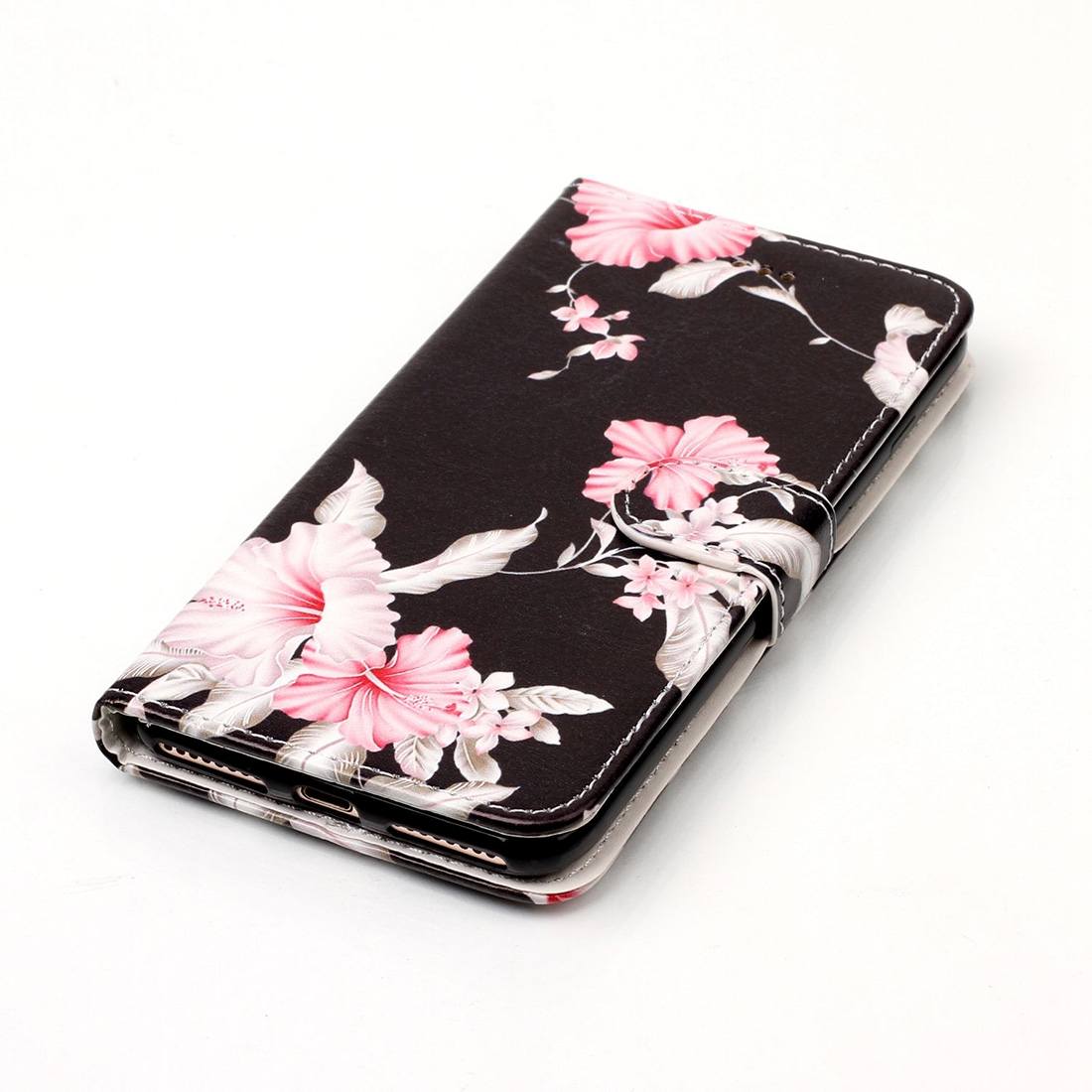 Plånboksfodral för iPhone 7 & 8 Plus - Svart med rosa blommor
