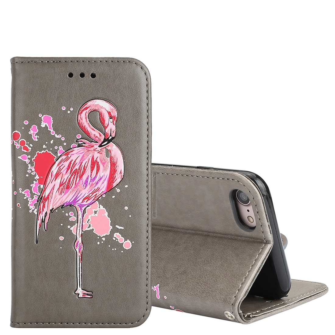 Plånboksfodral för iPhone 7/8 - Grå med rosa flamingo