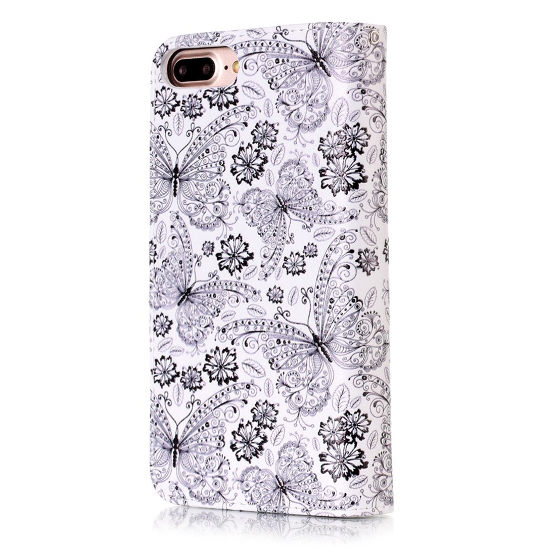 Plånboksfodral för iPhone 8/7 Plus - Vit med fjärilar och blommor
