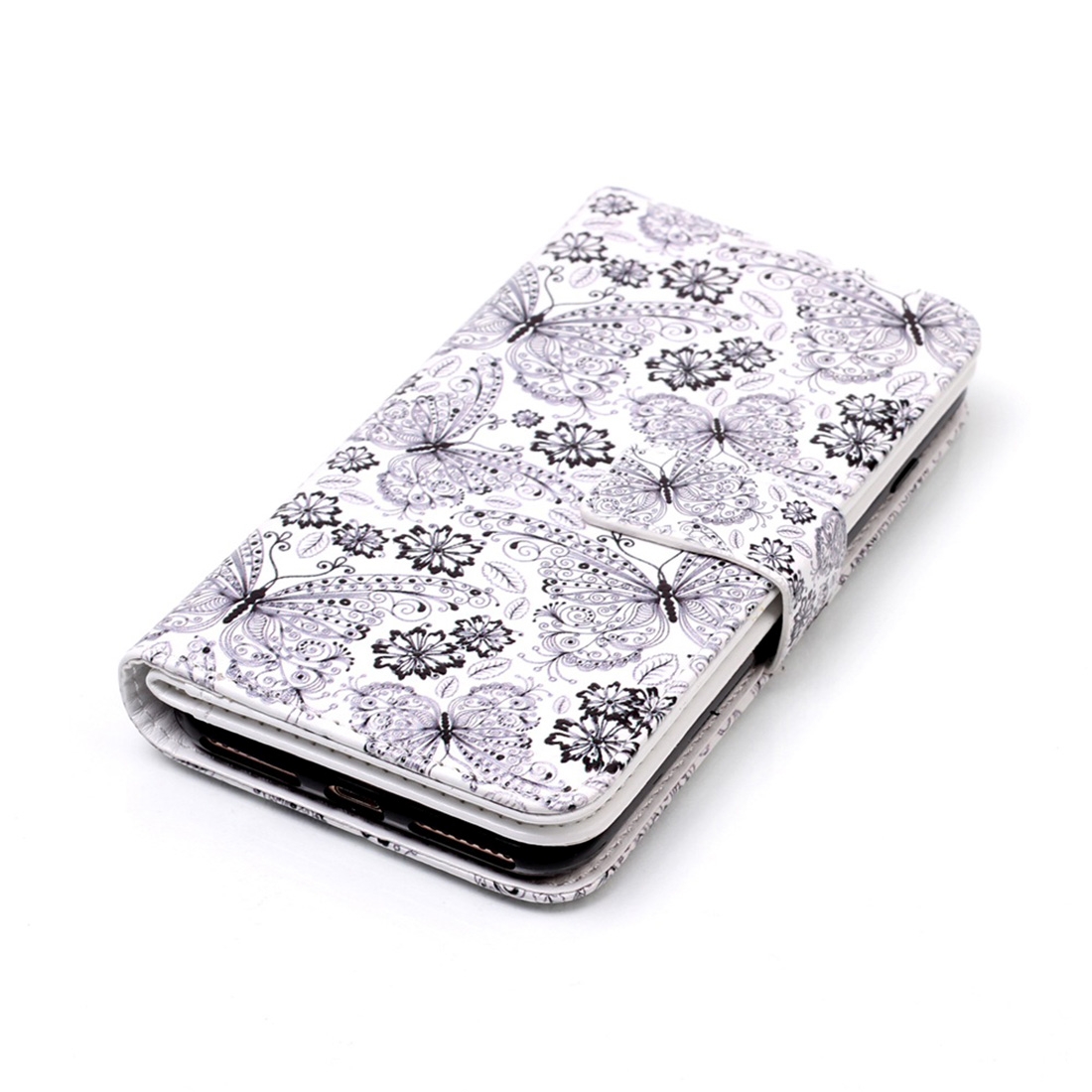 Plånboksfodral för iPhone 8/7 Plus - Vit med fjärilar och blommor