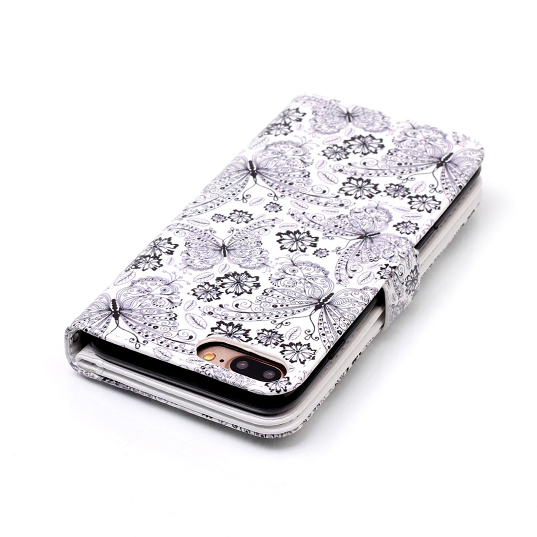 Plånboksfodral för iPhone 8/7 Plus - Vit med fjärilar och blommor