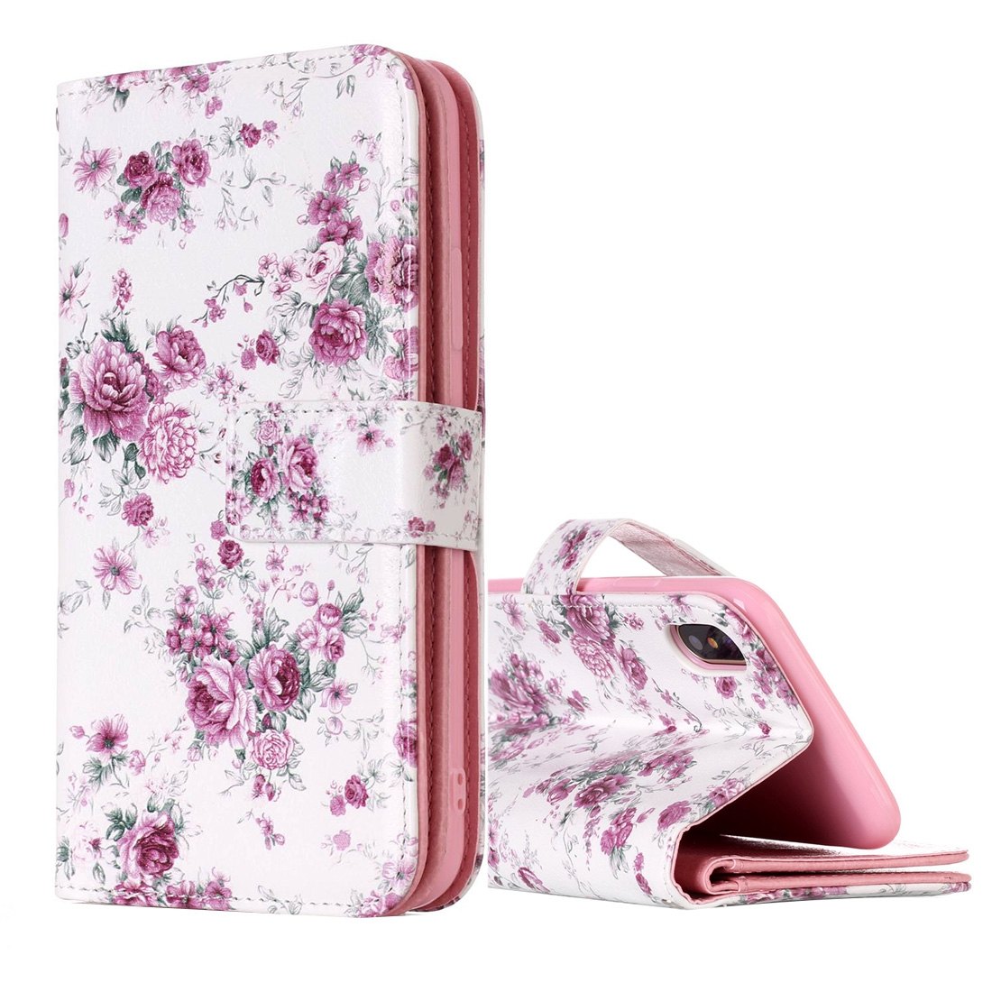 Plånboksfodral för iPhone X - Vit med rosa rosor