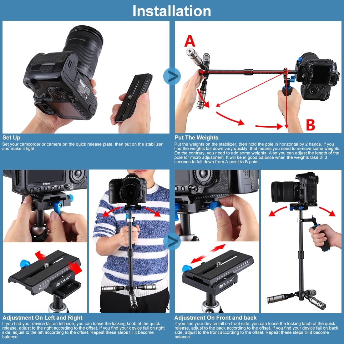 Puluz Handhållen kolfiber stabilisator för DSLR/DV-kameror (27-37cm)