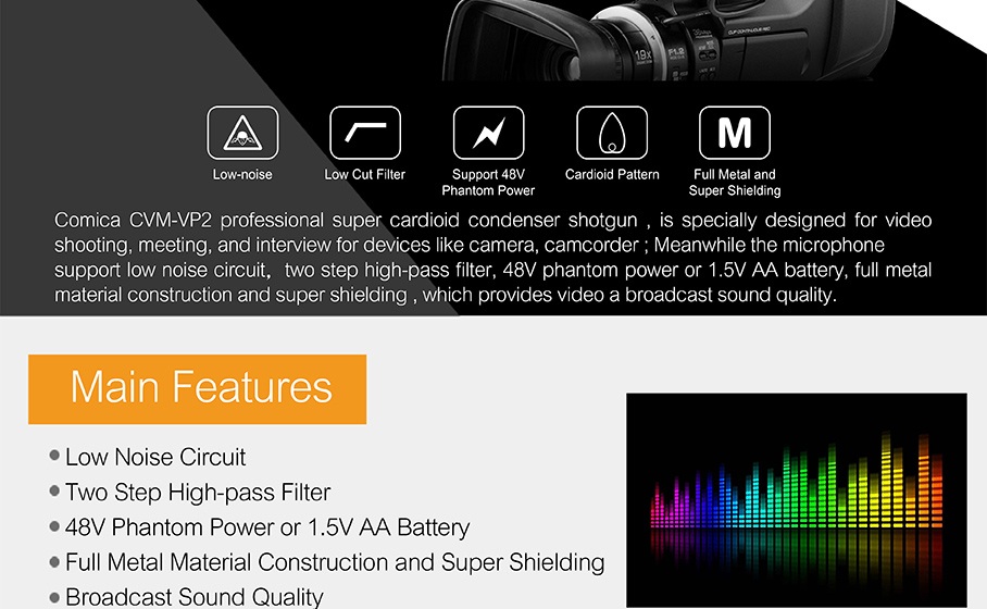 CoMica CVM-VP2 Shotgun videomikrofon Super Cardioid med 3.5mm & XLR-kabel