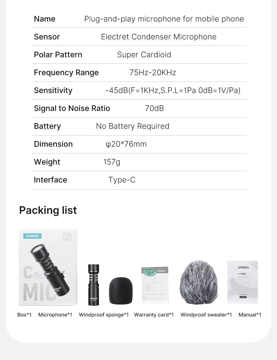  Sairen Mikrofon till mobil med USB-C