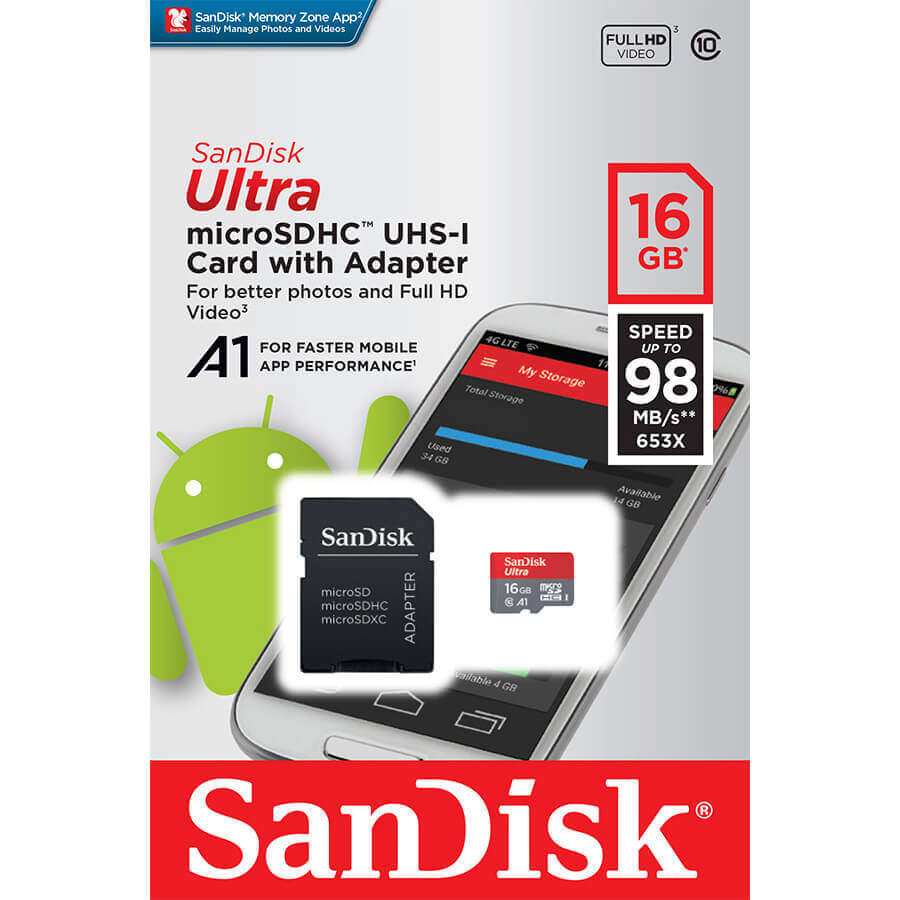  SanDisk Minneskort 16 GB MicroSDHC UHS-I kort med adapter 98MB/s