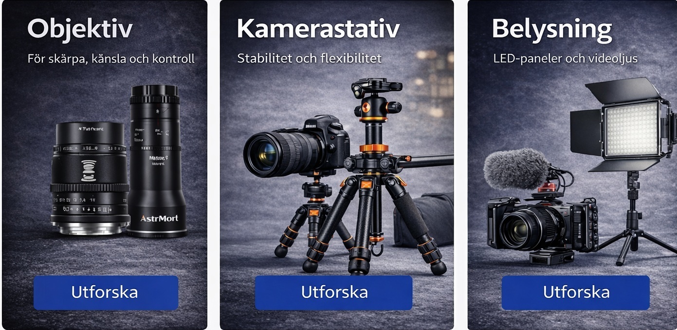 Objektiv, kamerastativ och belysning