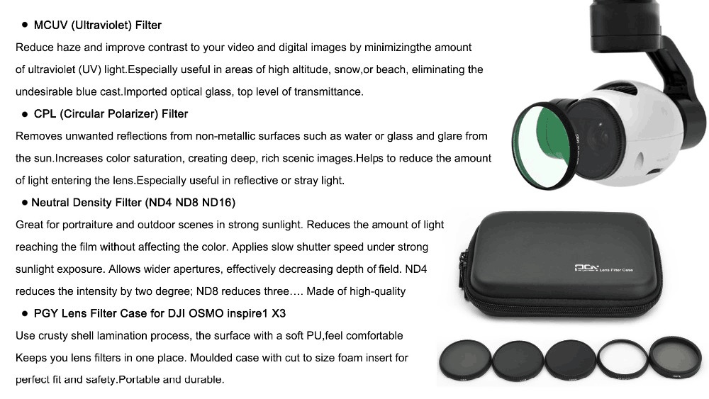 PGYTECH Filter-Kit (5 i 1) ND4, ND8, ND16, CPL, UV för DJI Inspire 1 / Osmo X3