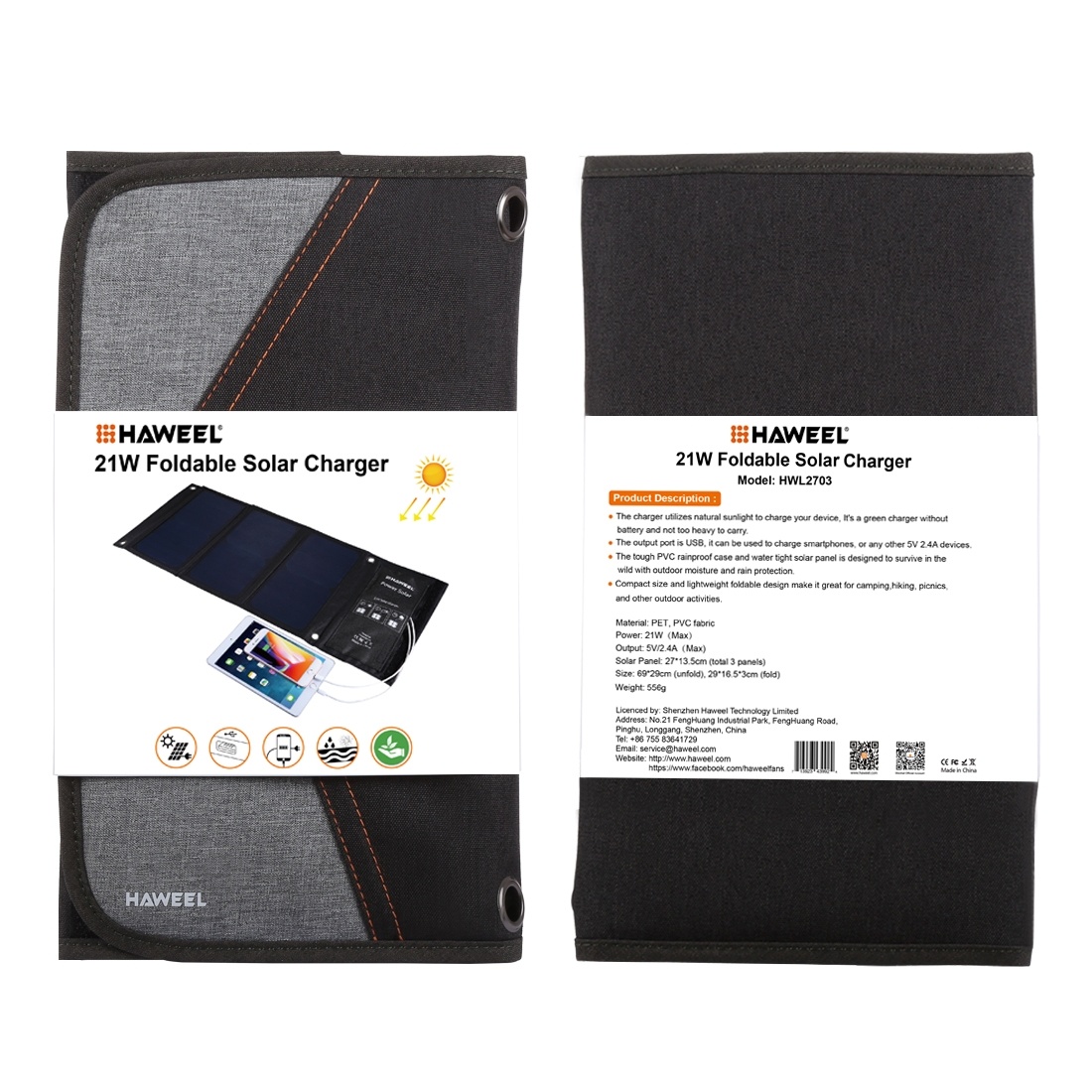 HAWEEL Vikbar Solcellspanel med 2x USB-utgångar