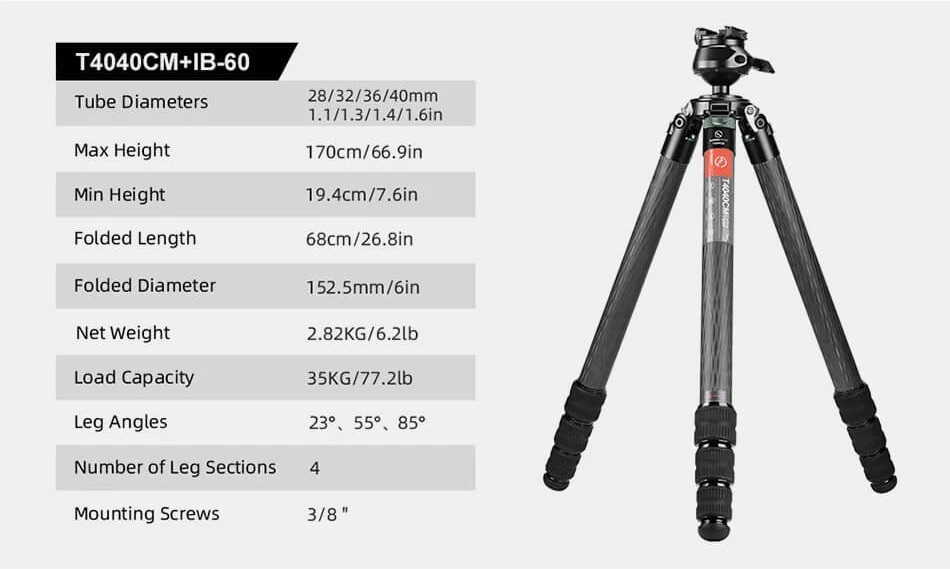 Sunwayfoto T4040CM Kolfiberstativ 161cm för tung utrustning foto/jakt 40 kg