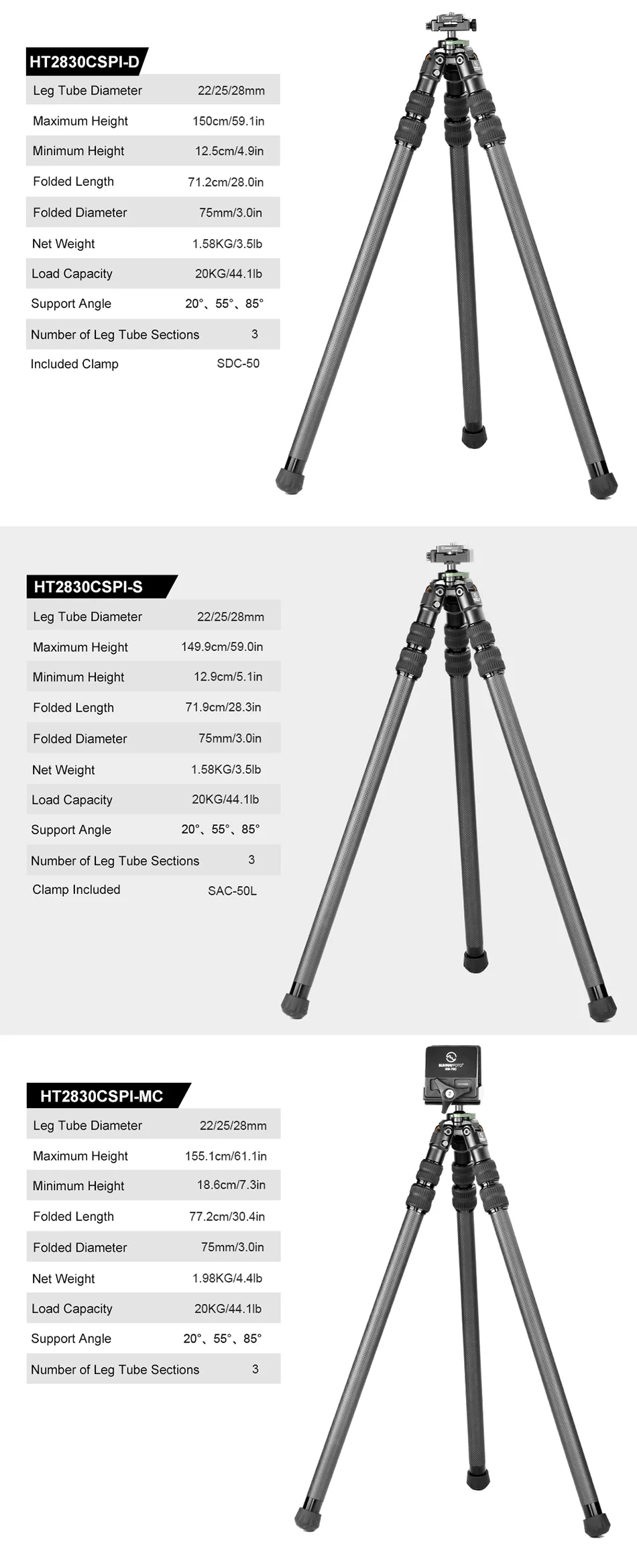  Sunwayfoto HT2830CSPI-S kolfiberstativ 150cm med integrerat kulhuvud och Arca från Kamda – snabb leverans och trygg e-handel