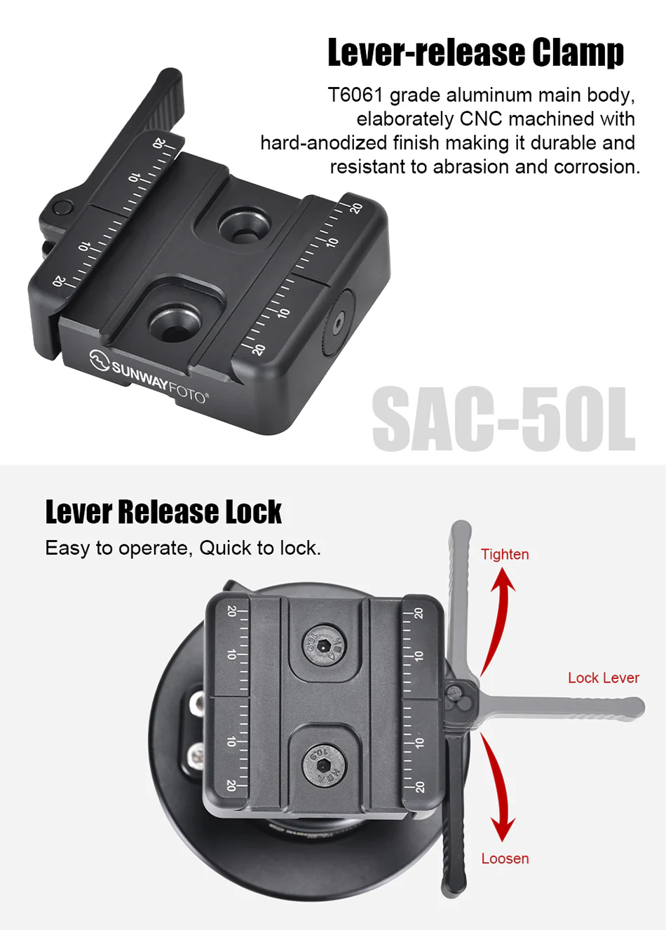  Sunwayfoto SAC-50L 50 mm snabbfäste med spaklås för Arca-Swiss & A.R.M.S 17S från Kamda – snabb leverans och trygg e-handel