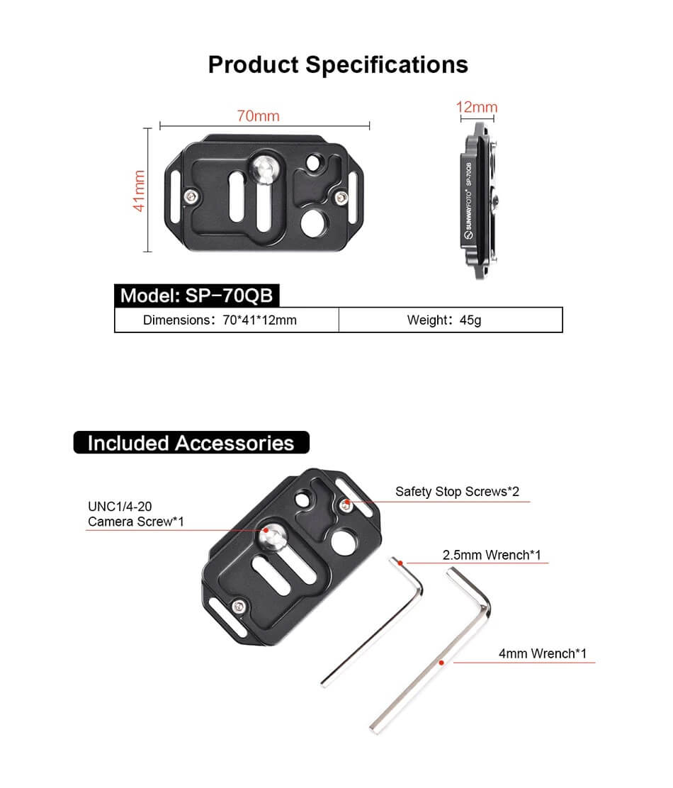  Sunwayfoto SP-70QB kameraplatta fr kameran med QD skerhetsfste