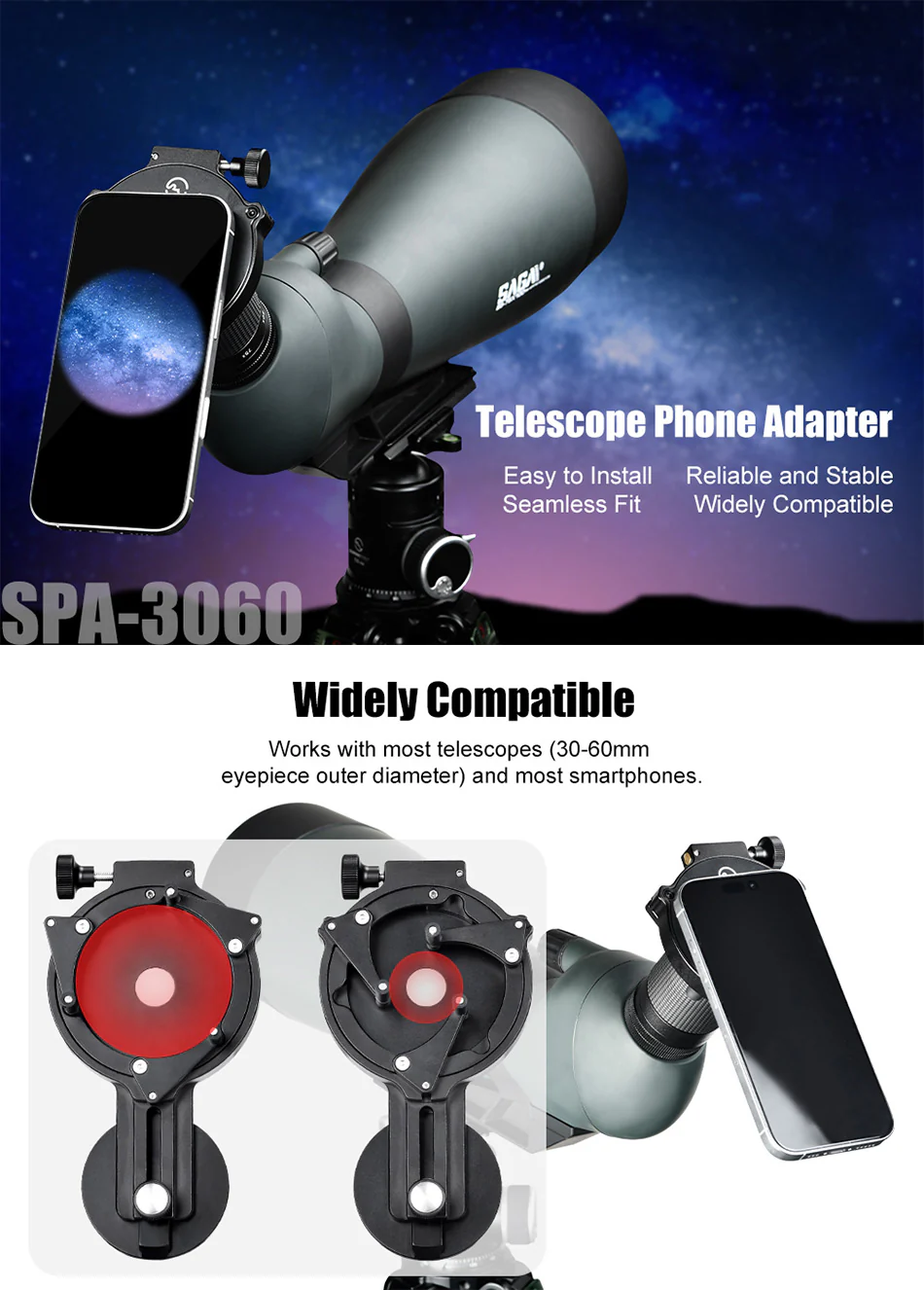  Sunwayfoto SPA-3060 – magnetisk mobiladapter för kikare, tubkikare & mikroskop från Kamda – snabb leverans och trygg e-handel