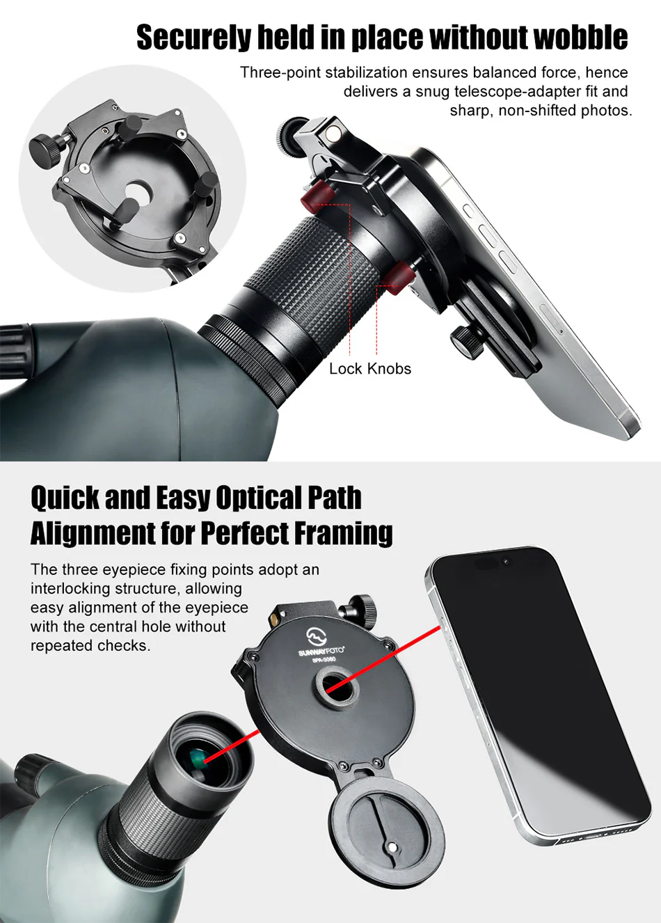  Sunwayfoto SPA-3060 – magnetisk mobiladapter för kikare, tubkikare & mikroskop från Kamda – snabb leverans och trygg e-handel