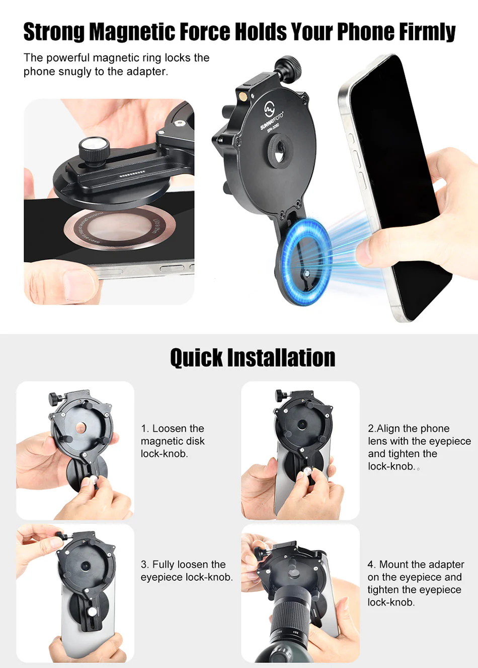  Sunwayfoto SPA-3060 – magnetisk mobiladapter för kikare, tubkikare & mikroskop från Kamda – snabb leverans och trygg e-handel