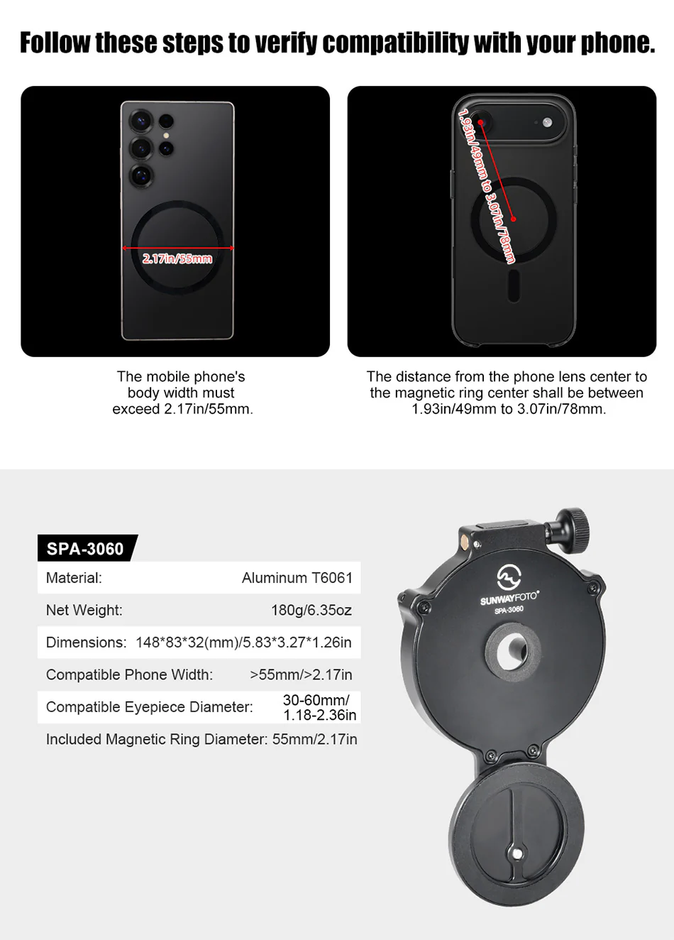  Sunwayfoto SPA-3060 – magnetisk mobiladapter för kikare, tubkikare & mikroskop från Kamda – snabb leverans och trygg e-handel