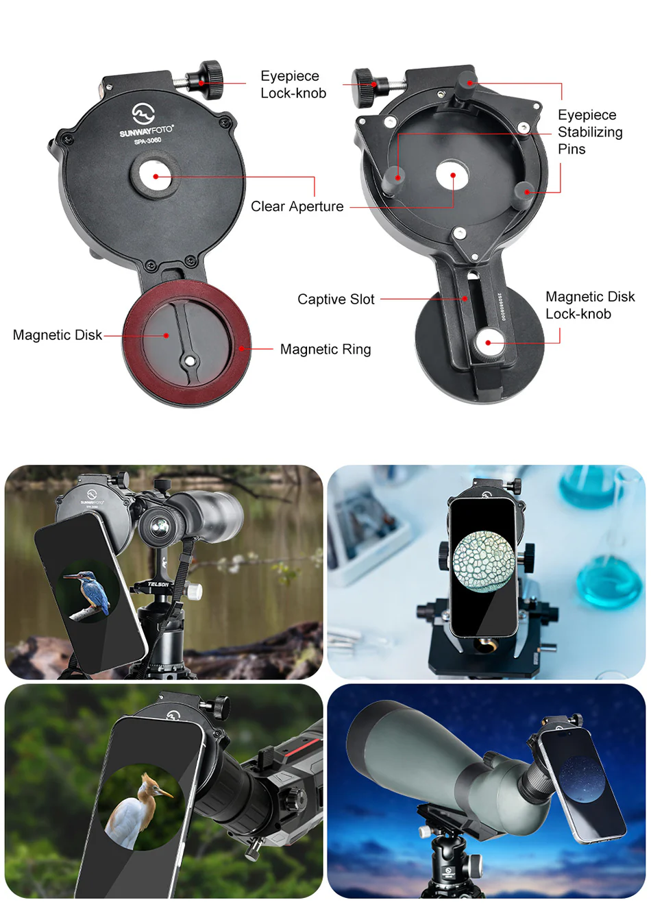  Sunwayfoto SPA-3060 – magnetisk mobiladapter för kikare, tubkikare & mikroskop från Kamda – snabb leverans och trygg e-handel