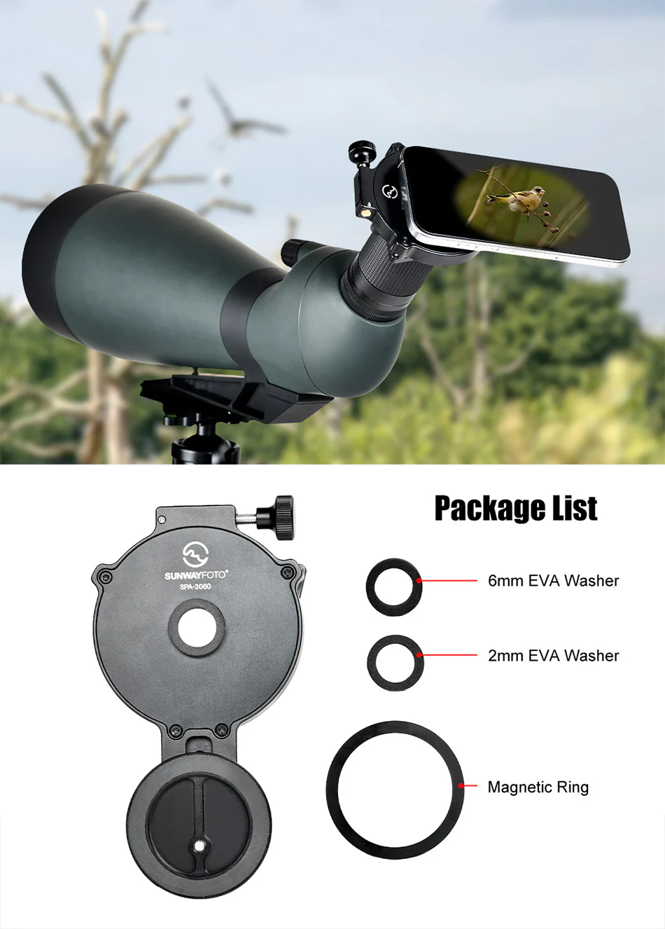  Sunwayfoto SPA-3060 – magnetisk mobiladapter för kikare, tubkikare & mikroskop från Kamda – snabb leverans och trygg e-handel