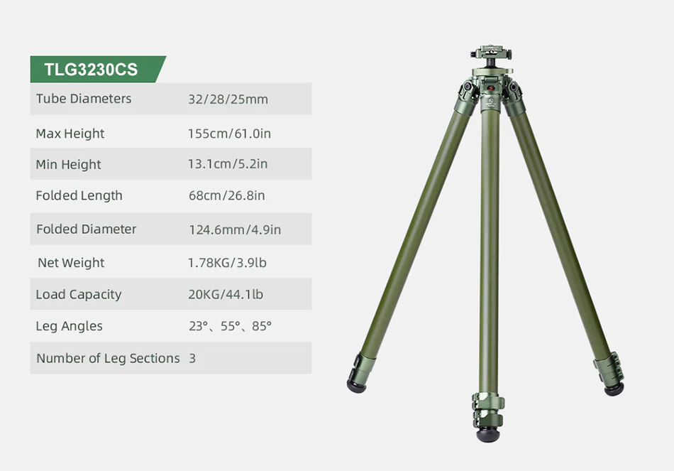 Sunwayfoto TLG3230CSOD Grönt kolfiberstativ 142cm inverterat kulhuvud 20 kg