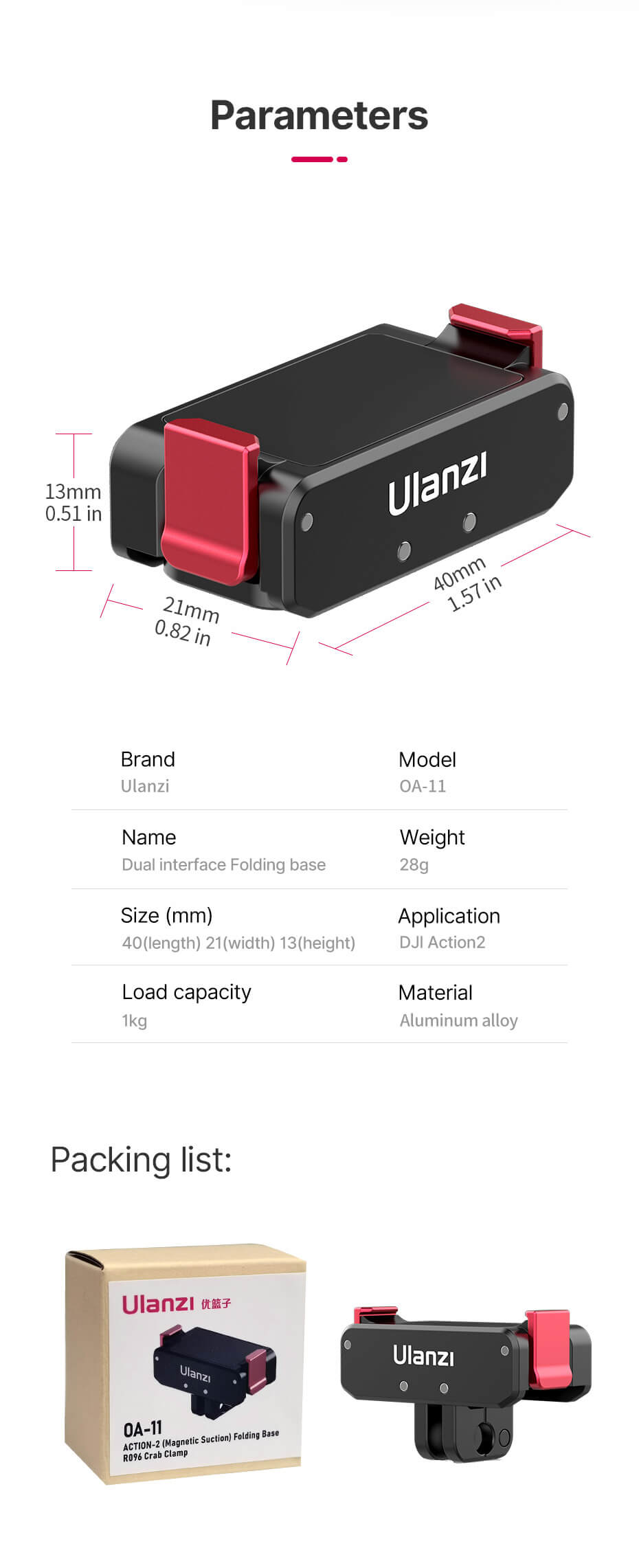  Ulanzi Folding Fingers med 1/4-tum gnga magnetfste fr DJI Osmo Action 2/3/4