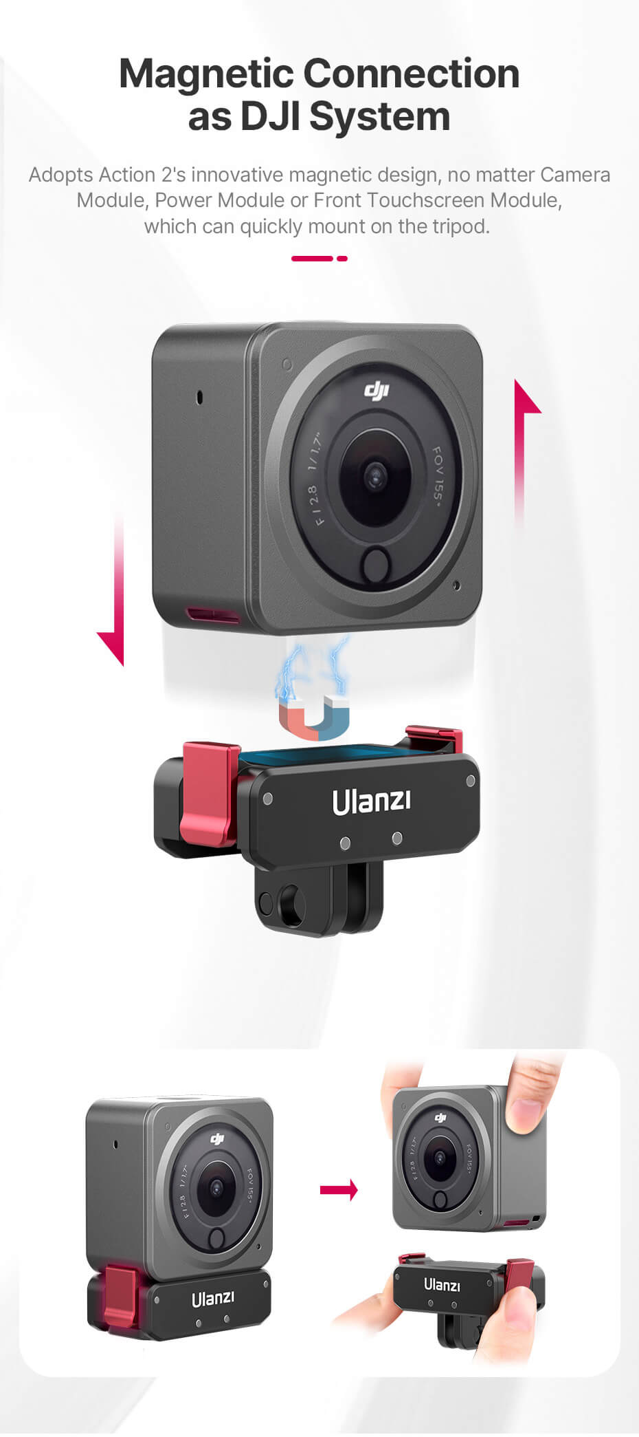  Ulanzi Folding Fingers med 1/4-tum gnga magnetfste fr DJI Osmo Action 2/3/4