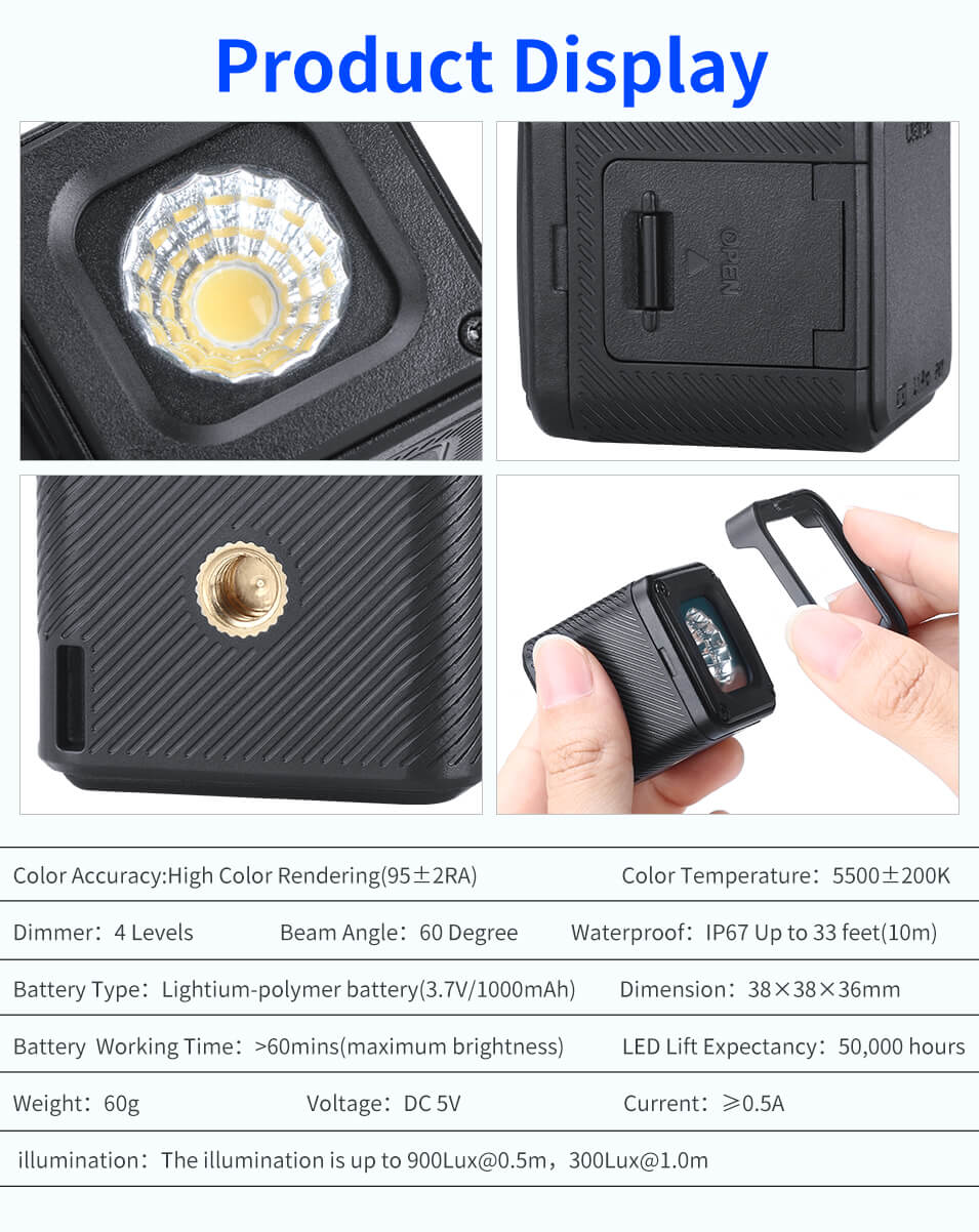  Ulanzi Led-belysning vattentt 10m IP67 fr mobil & actionkamera